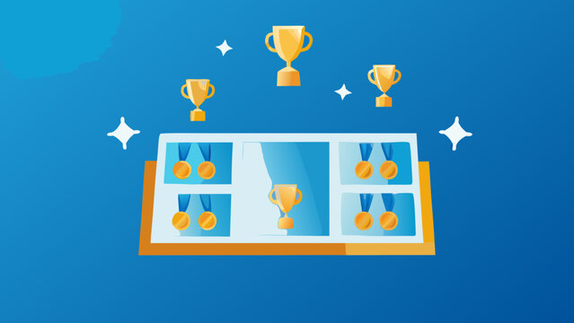 Vector illustration of a football award trophy case with medals and sparkling stars on blue background