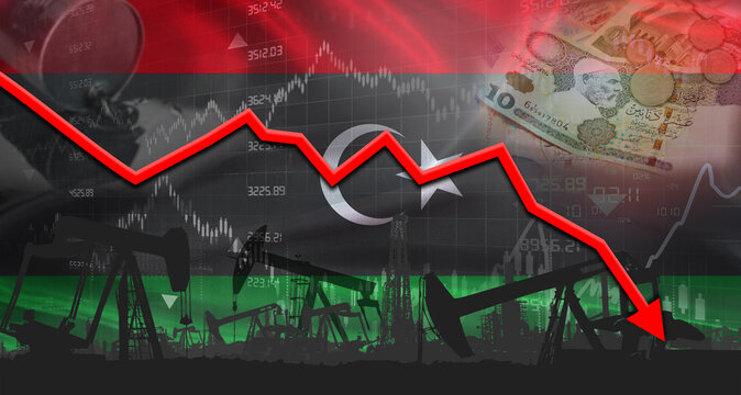Fall oil price with flag of Libya on economic chart, Petrol crisis with Libyan flag on financial graph