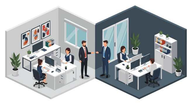 Isometric office interior vector illustration showing two distinct workspaces with employees working at desks