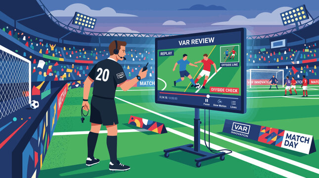 Professional Football Referee Reviewing Offside VAR Screen in a Crowded Stadium Illustration