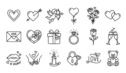 Obraz premium Minimal Valentines Love Line Icons with Hearts Cupid Roses and Romantic Doodle Elements