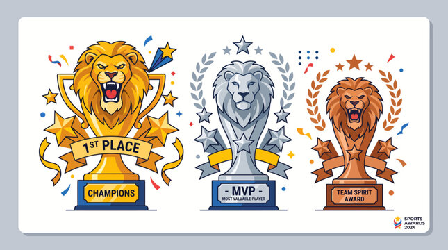Trophy awards for first place, MVP, and second place with lion illustrations.