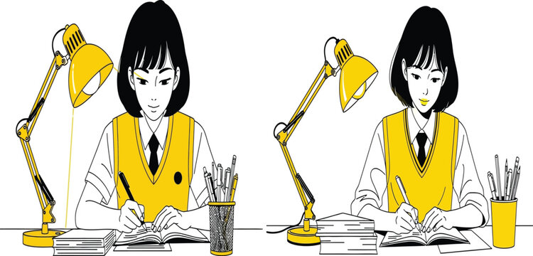 A young girl in a yellow school uniform sits at a desk with a lamp, books, and stationery, focused on her studies