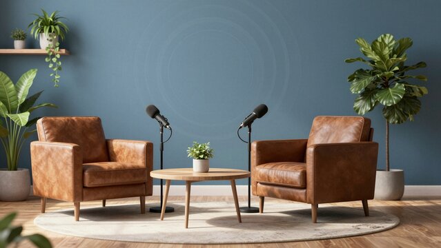Two leather armchairs and microphones set up for podcasting against a blue wall.Podcast recording studio setup