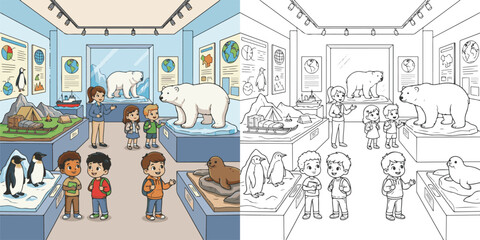 arctic exploration exhibit polar bear seal penguine visiting museum  cartoon clipart and lineart print vector illustration for color coloring book © Avijit
