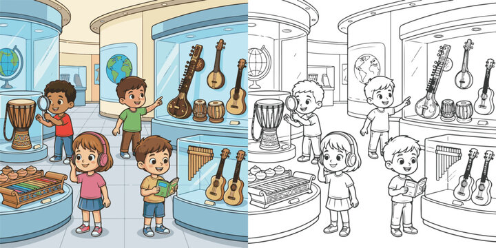 music instrument tabla sitar guiter visiting museum  cartoon clipart and lineart print vector illustration for color coloring book