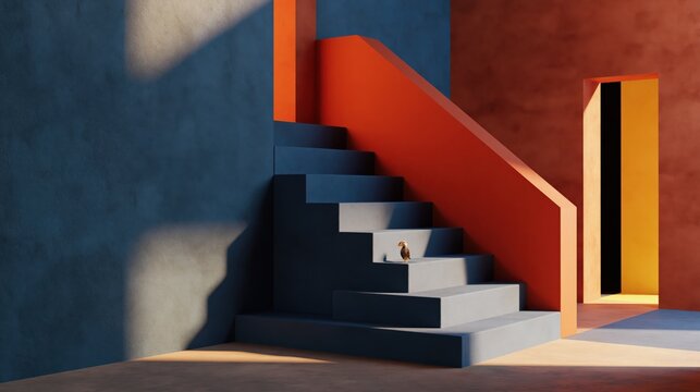 Modern architectural staircase with bold color blocking and dramatic sunlight creating geometric shadows