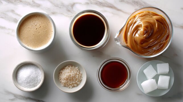 A cozy scene features an array of fresh coffee, creamy caramel, and different sweeteners artfully arranged on a smooth marble surface, inviting a delightful morning