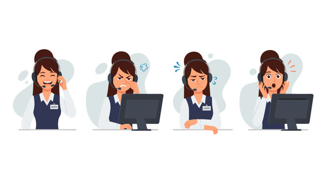 Set of four call center agent emotions, showing frustration, anger, and confusion while working at a computer, vector illustration