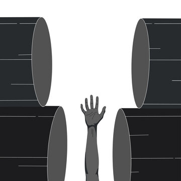 Danger trapped hand between industrial heavy crushing rollers, industrial safety hazard, occupational injury, workplace accident prevention, crush