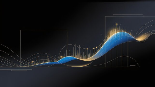 Abstract financial data visualization with blue and gold wavy lines and vertical bar chart