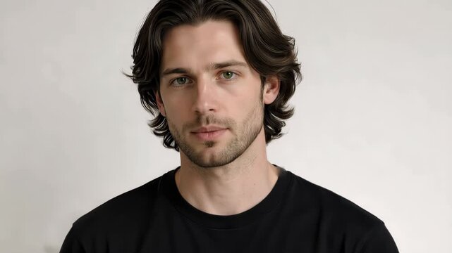 Close-up frontal portrait of a young man with shoulder-length dark wavy hair and light stubble wearing a black t-shirt against a neutral studio background, calm expression