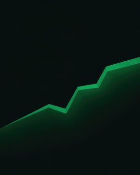 Glowing green jagged line graph rising against a dark black background representing financial growth