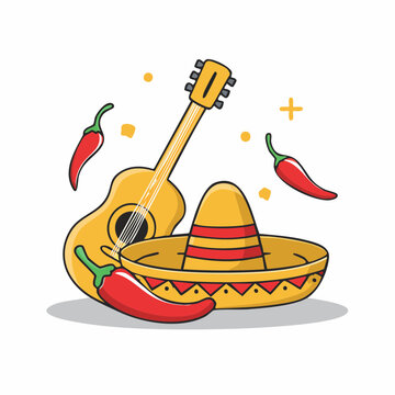 Mexican Fiesta Elements: Guitar, Sombrero, and Chili Peppers