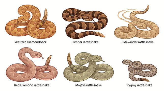 A group of six different rattlesnake species are coiled and displayed together for comparison purposes on a plain surface.
