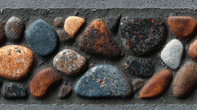 Exposed aggregate concrete texture, pebbles embedded in cement, rough outdoor floor surface, industrial background 