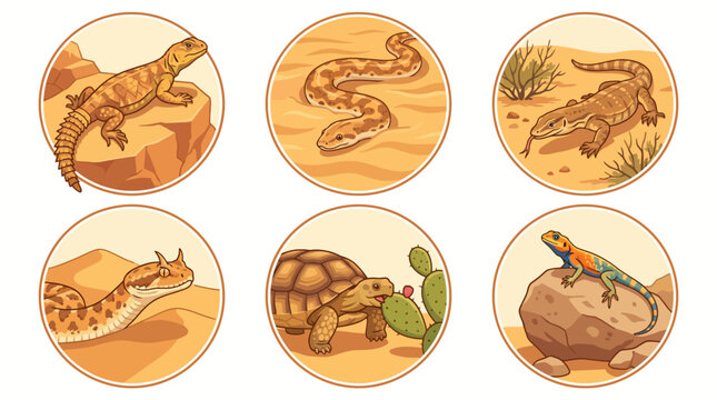 Desert animals including lizard, snake, alligator, cheetah, tortoise, and parrot in a sunny sandy landscape with cactus.