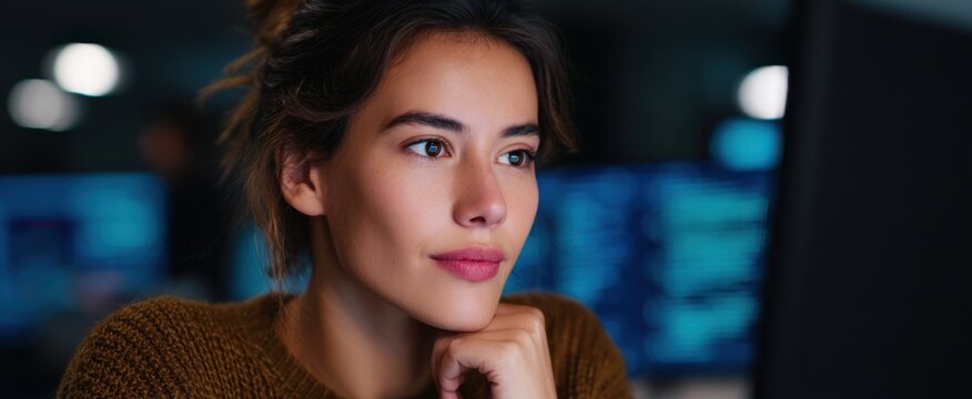 Diverse software tester untangles code issues like a digital detective with her desktop computer