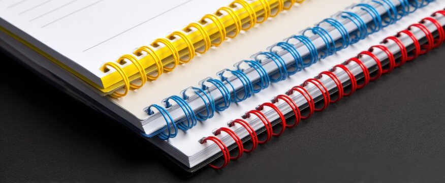 Plastic comb binding with colorful coils and flexible elements for professional office stationery.