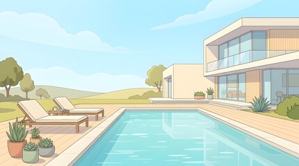 Fototapeta premium Contemporary luxury villa with a sparkling swimming pool, lounge chairs, and manicured garden on a sunny day