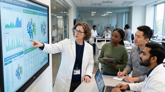 Diverse group of scientists collaborating and analyzing genomic sequence data on a large screen display in a modern laboratory setting with various equipment