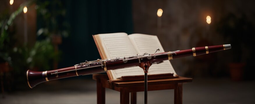 A wooden bassoon lounges on a music stand like a maestro waiting for the spotlight