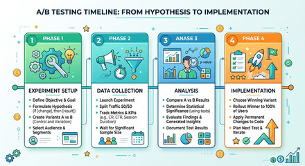 Fototapeta premium Comprehensive horizontal process infographic titled A/B Testing Timeline From Hypothesis to Implementation showing 
