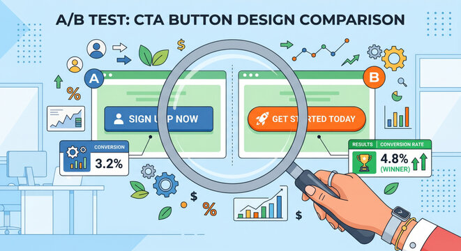 Close-up infographic titled A/B Test CTA Button Design Comparison showing magnifying glass examining two different call-to-action button 