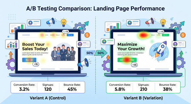 Detailed side-by-side infographic titled A/B Testing Comparison Landing Page Performance showing two e-commerce landing page variants with heatmap overlays. 