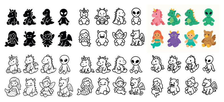 Fantasy icons with unicorn dragon mermaid colorful