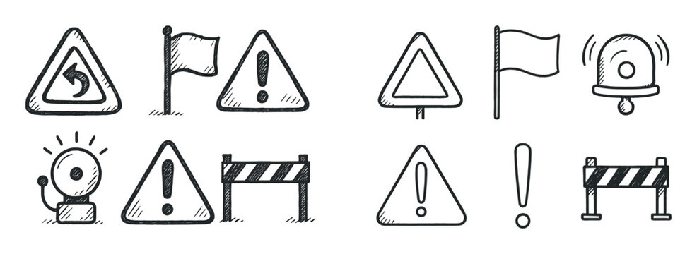 Safety icons with flag exclamation barrier sketch