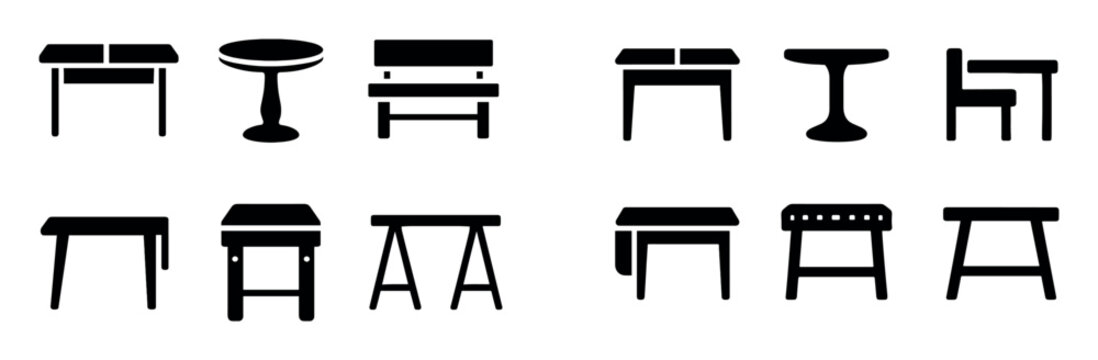 Furniture icons with table bench and stool solid