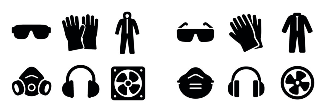 Safety icons with goggles gloves in flat style