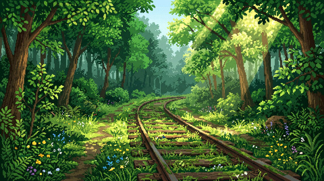 Abandoned Railway Tracks Inside Sunny Green Forest Pixel Art