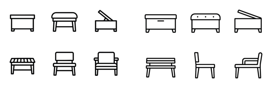 Home furniture icons with bench stool trunk outline
