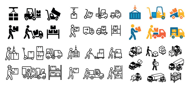 Logistics icons with forklift truck box minimal