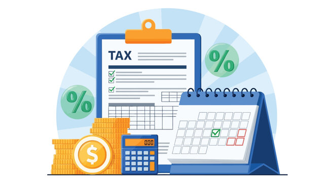 Tax preparation and filing deadline concept with financial documents calendar displaying green checkmark stacks of coins calculator and percent symbols.