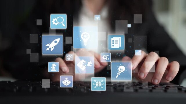 Innovation icons show creativity, teamwork, and project development. Innovation helps organizations design solutions, build strategy, and grow with new business opportunities. Funnel