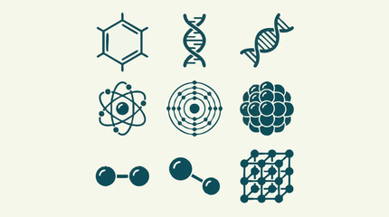Collection of scientific icons: atoms, molecules, DNA, and crystal structures © AS_StockNation