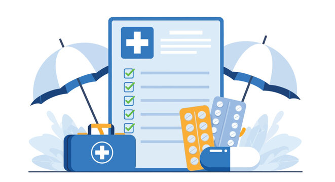 Health insurance and medical protection concept, document with medical cross, checked list, first aid kit, pills, and umbrellas.