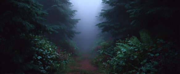 Fototapeta premium a foggy forest path stirs feelings of wonder and deep curiosity