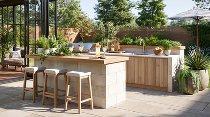 Fototapeta premium Bright Spring Outdoor Kitchen Bar with Fresh Herbs in a Backyard