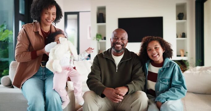 Love, parents and kids in house with face, bonding together or unity in healthy relationship. Smile, portrait or African people on sofa with baby, family connection or happy moment in living room.