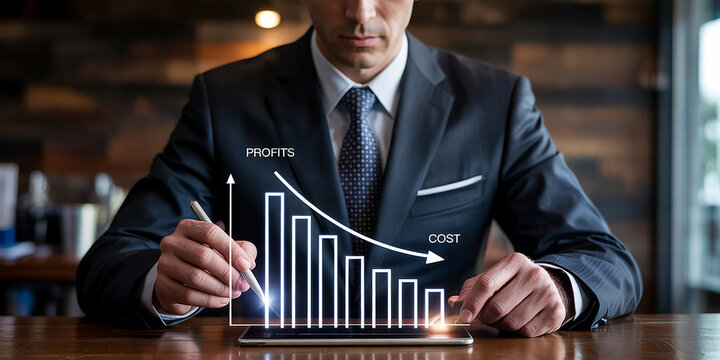 Businessman analyzing declining profits and rising costs chart