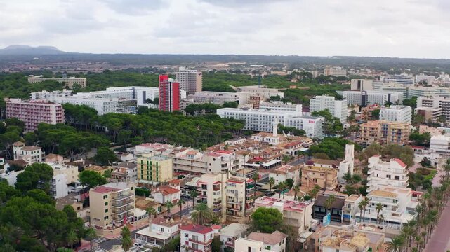 Aerial panorama of Can Pastilla Mallorca featuring beautiful sandy beaches coastal landscape tourist landmarks and summer vacation destination in Spain