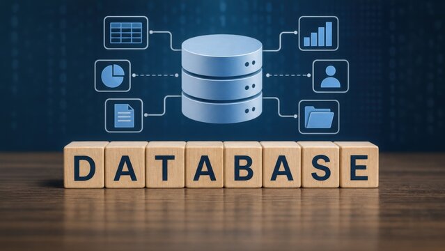 A concept image for data management. The word DATABASE on wooden blocks sits below a digital graphic of a server connected to various data icons.