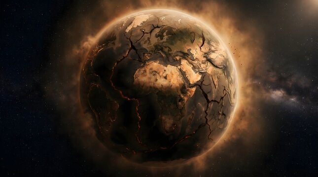 Planet Earth with desert-like fractures in dramatic cinematic climate crisis concept art.