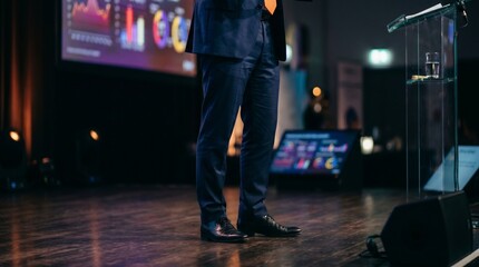 Fototapeta premium Professional businessman standing on stage at a corporate conference giving a presentation with data charts on screen, leadership and high-stakes business communication concept