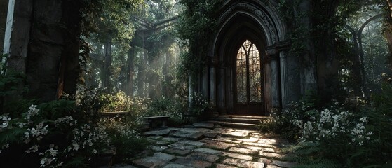 Fototapeta premium Ethereal Ruins - Sunlight Illuminating an Overgrown Gothic Cathedral Interior.