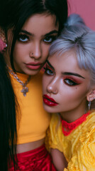 Obraz premium diverse lesbian couple fashion portrait, interracial women lovers stylish beauty studio shoot, playful romantic lgbtq couple bold makeup fashion editorial